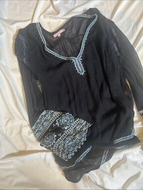 Calypso St. Barth Black Sheer Tunic with Blue Embroidery